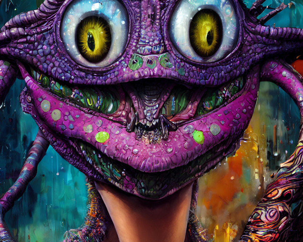 Colorful illustration of person in purple dragon-like mask with yellow eyes