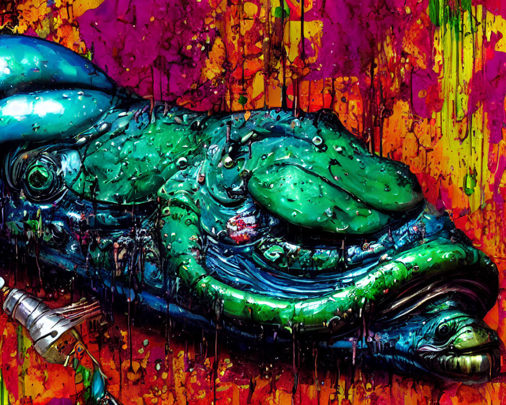 Vibrant painted crocodile artwork with colorful drips on urban background