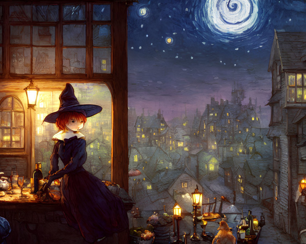 Young witch in purple dress gazes at town from window at dusk
