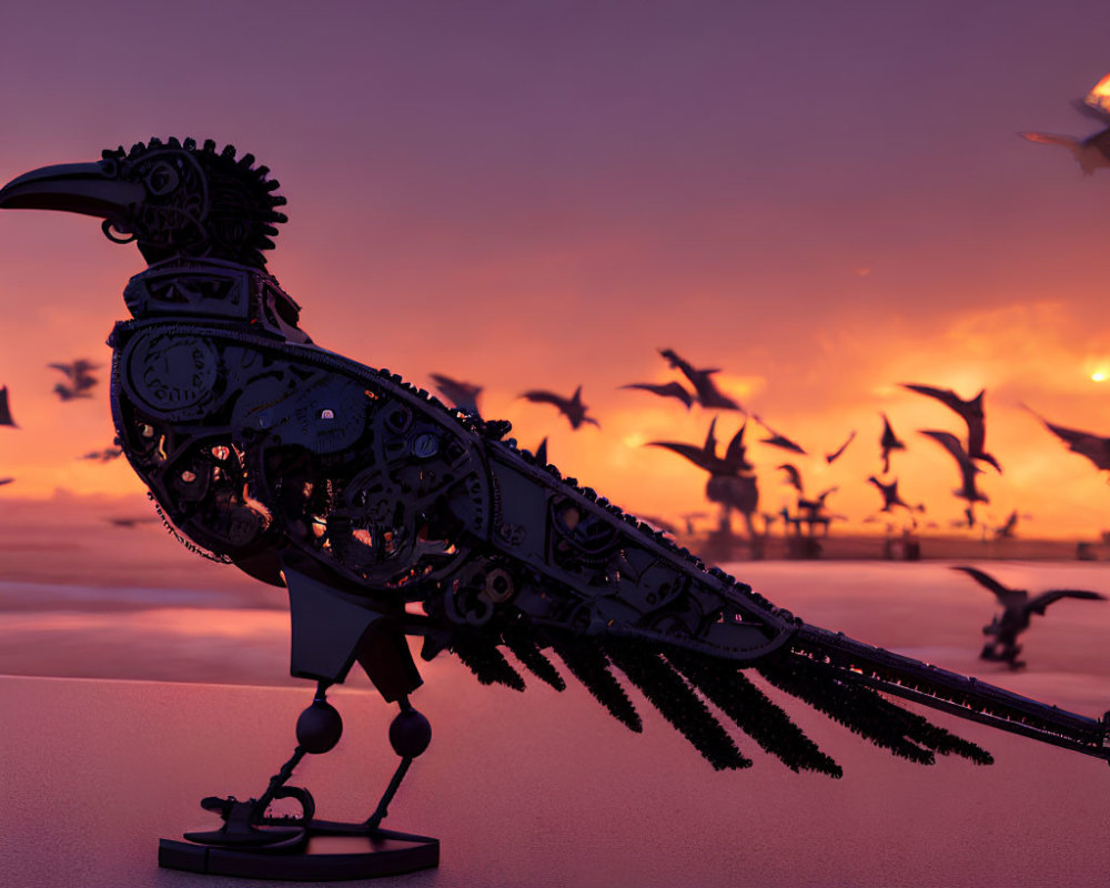 Intricate mechanical bird with gears against sunset backdrop