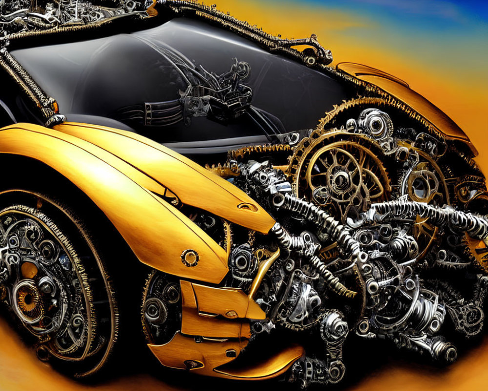 Futuristic digital artwork of gold and black mechanical car