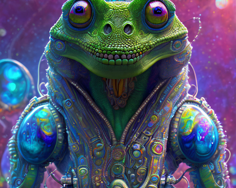 Detailed Mechanical Frog with Shining Eyes and Colorful Orbs
