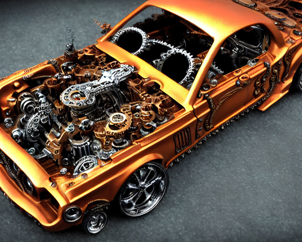 Detailed Metallic Model Car with Exposed Gears and Engines