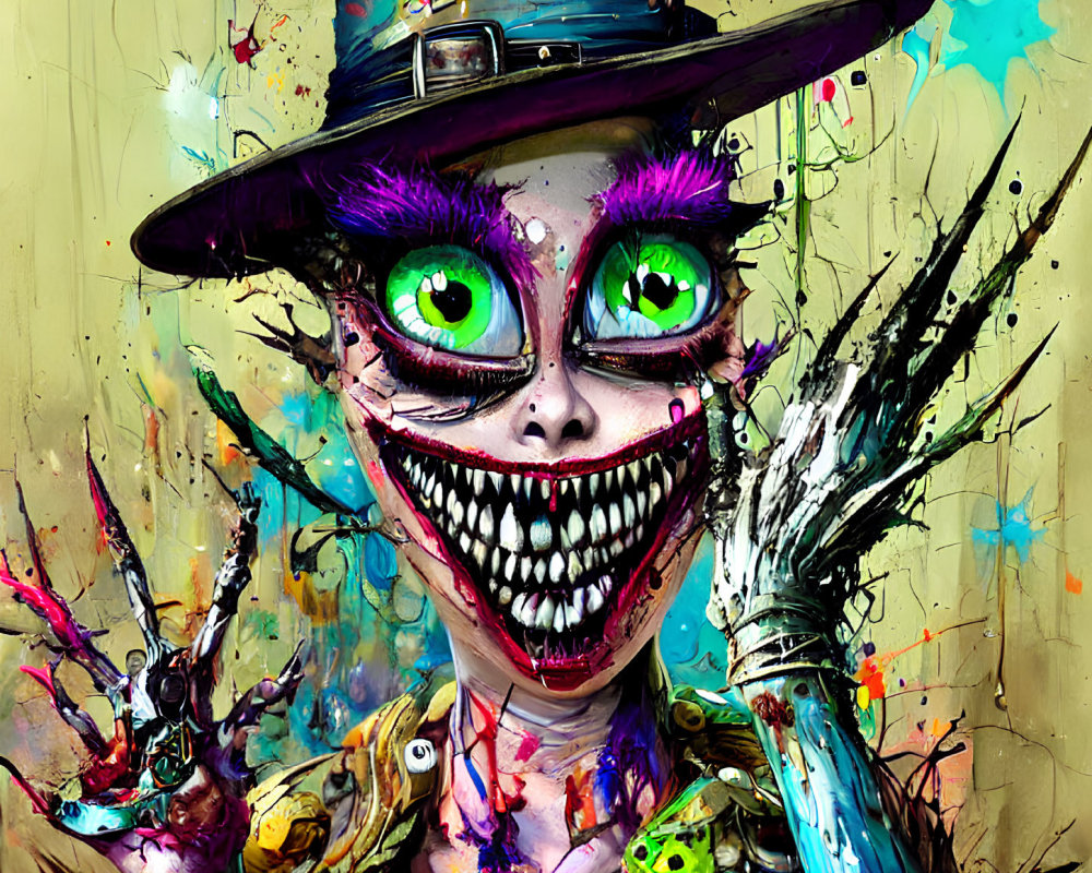 Colorful digital artwork featuring a grinning character with purple eyes, sharp teeth, top hat, and