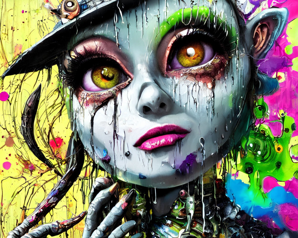 Colorful humanoid robot with cat-like features in vibrant artwork