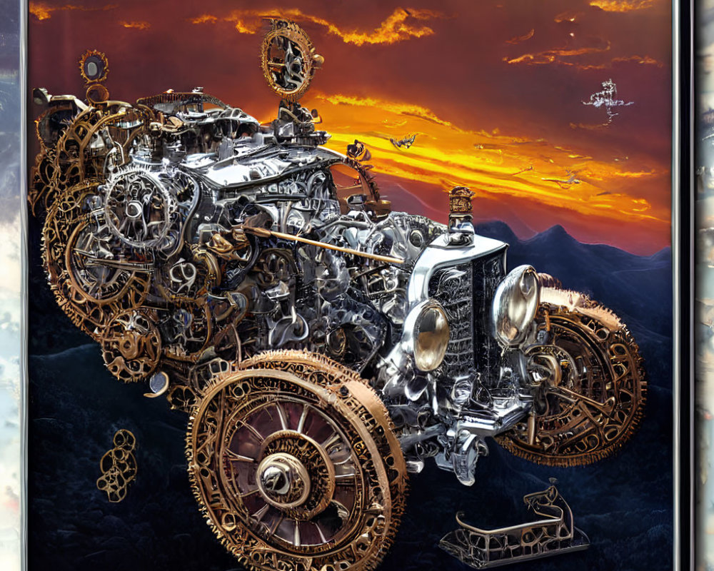 Steampunk-style motorbike with gears in sunset scenery