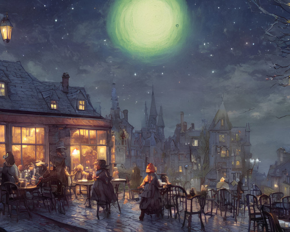 Historic village evening scene with people dining under green moon