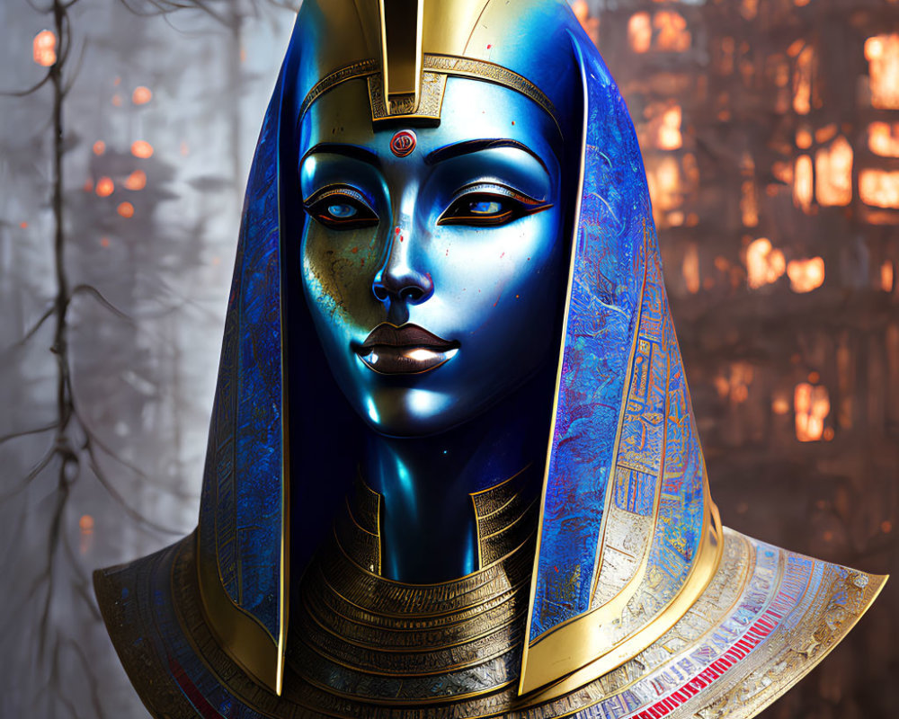 Stylized metallic female figure with Egyptian headdress in amber-lit digital art