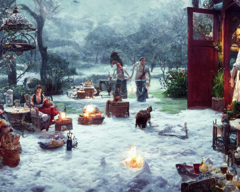 Winter garden scene with outdoor cooking, fireplace, snow, wildlife, and warm lighting.