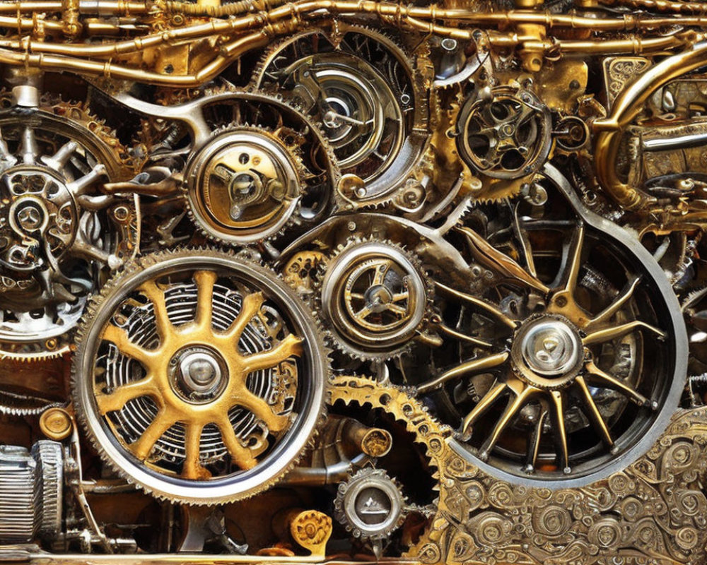 Intricate Golden Metallic Gears and Cogs Display