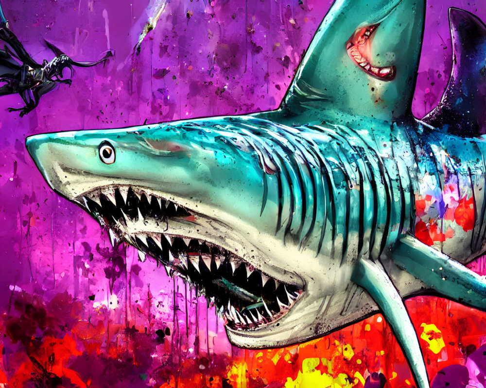 Menacing shark illustration on colorful abstract background