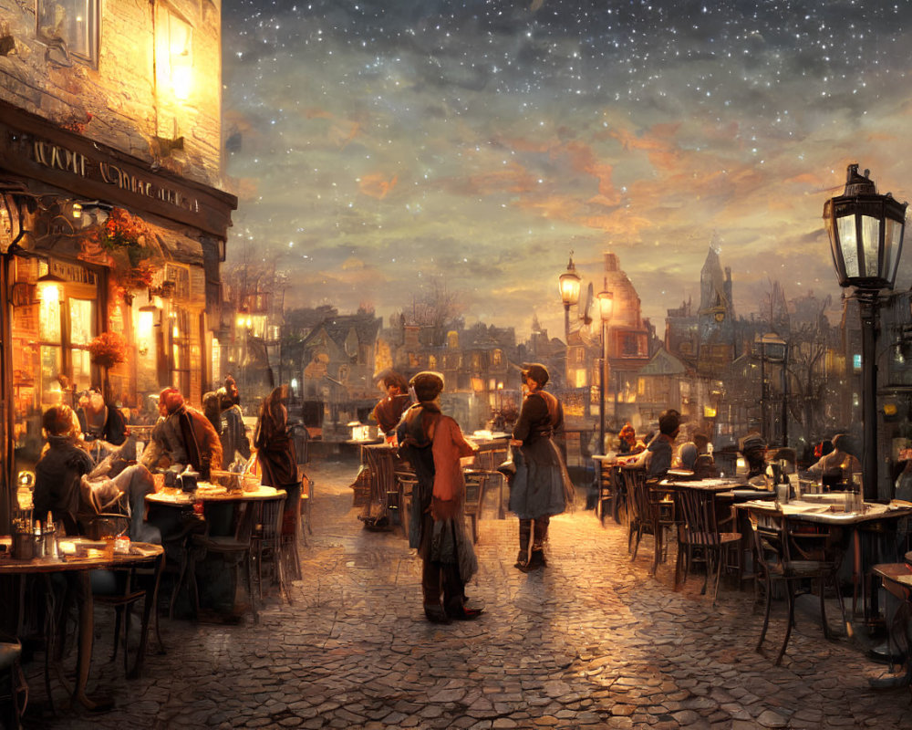 Nighttime street cafe scene with diners under starry sky, vintage lamps, and European architecture.