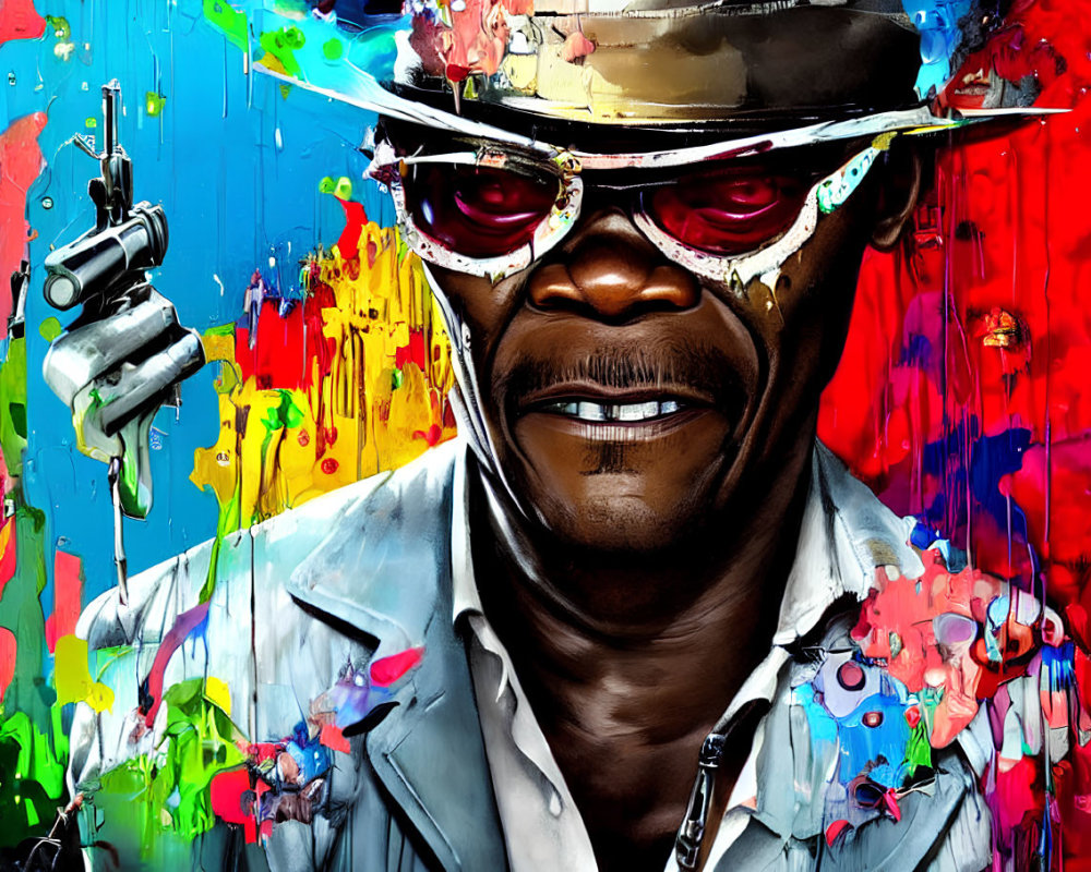 Colorful graffiti-style portrait with man in sunglasses and hat beside a robot