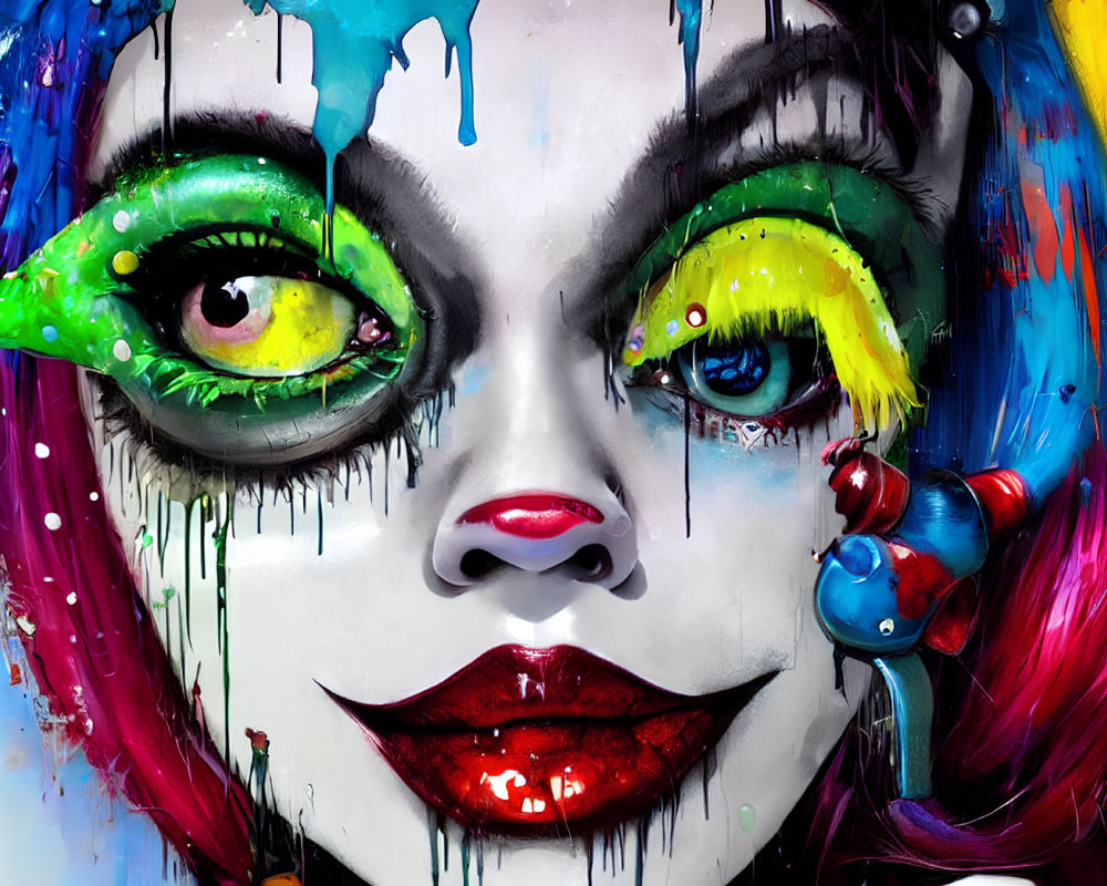 Colorful face painting with vibrant eye makeup and dripping details