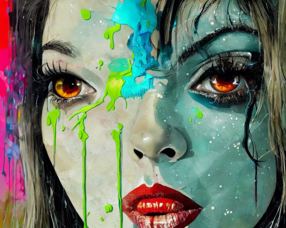 Colorful woman's face artwork with dripping paint - vibrant eyes and red lips on colorful backdrop