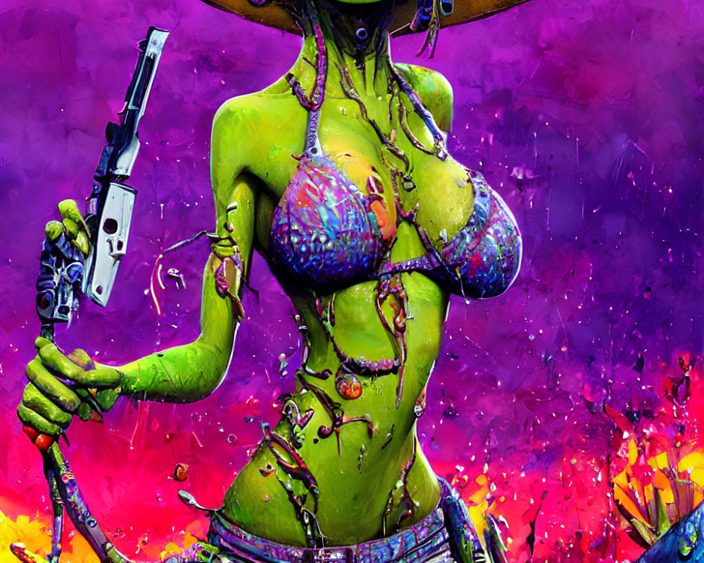 Colorful alien female with green skin, silver pistol, purple hat, and vibrant attire on splashy