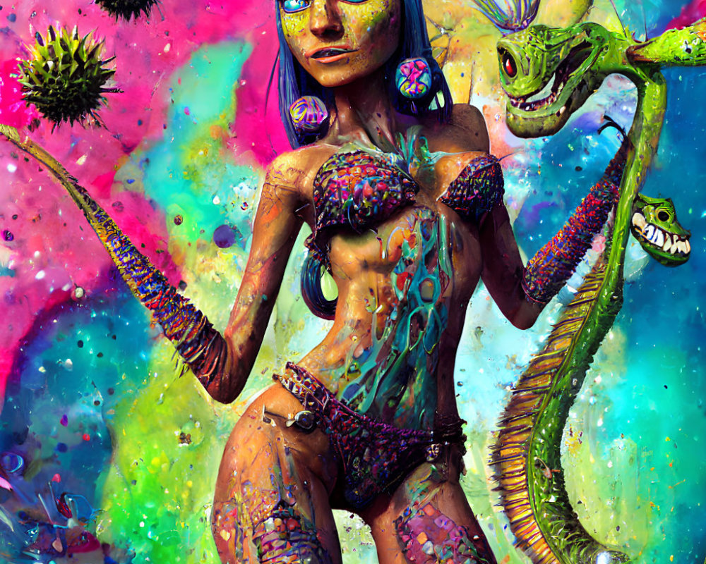 Colorful alien woman with lizard in psychedelic setting
