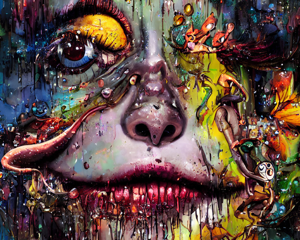 Colorful abstract painting of a face with expressive eyes and textured details