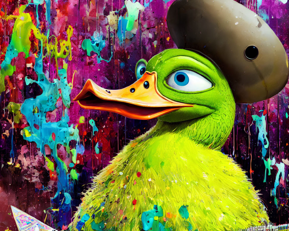 Colorful Cartoon Duck Artwork with Large Beak and Hat on Paint Splatter Background