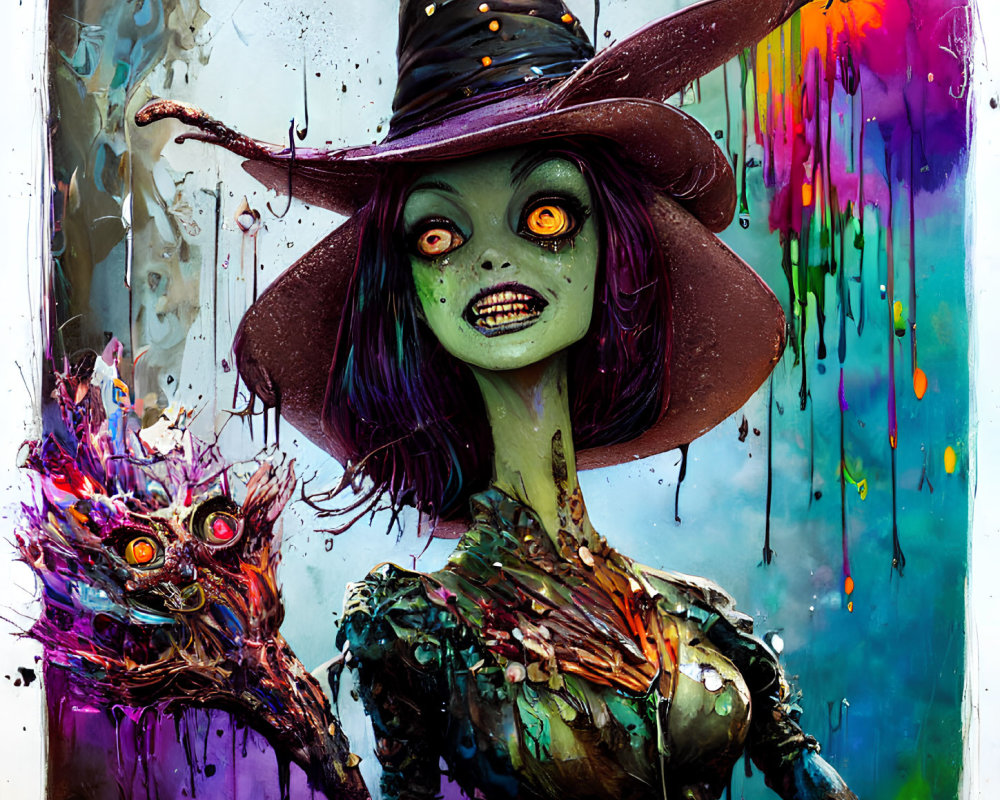 Vibrant Witch Artwork with Pointy Hat and Abstract Elements