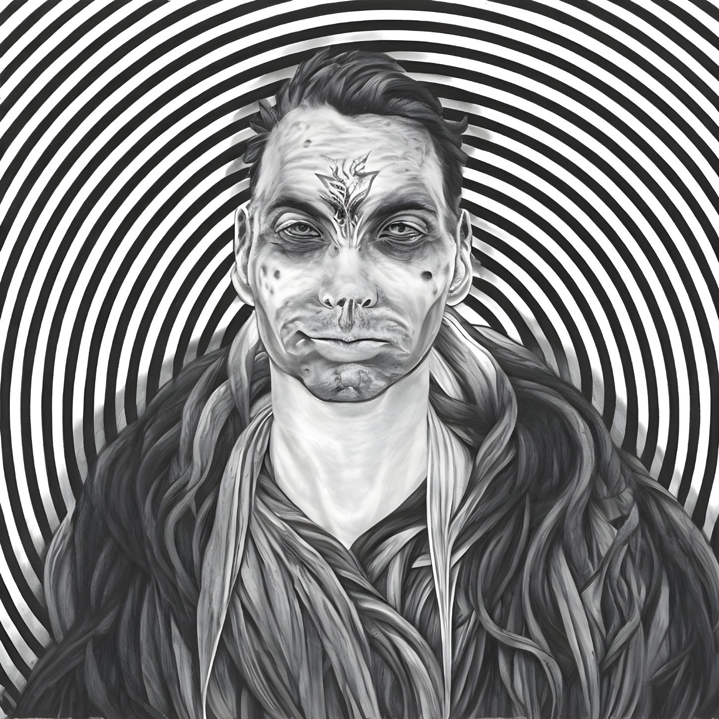 Monochrome portrait with facial markings and intricate patterns on swirling background