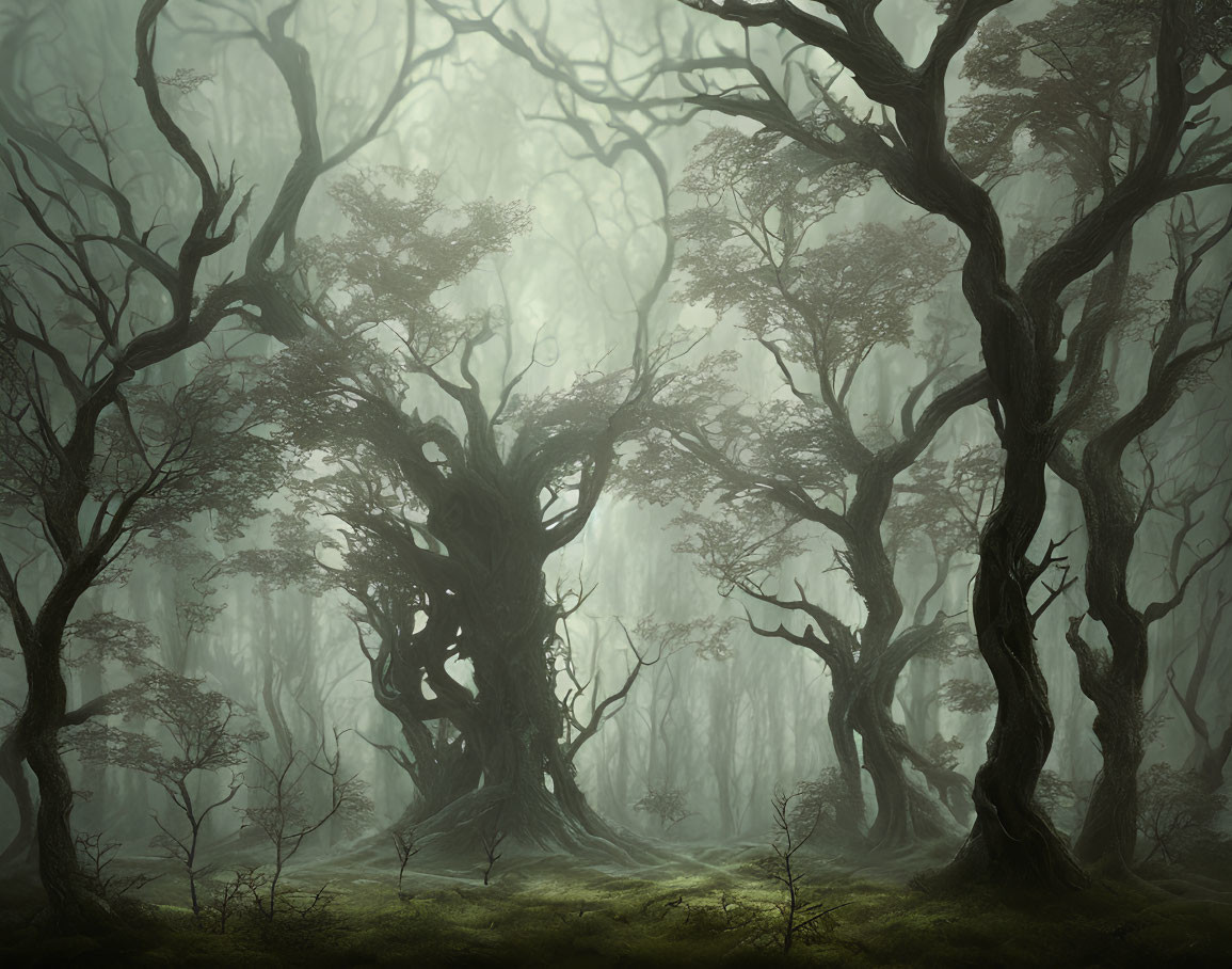 Misty forest with ancient, gnarled trees