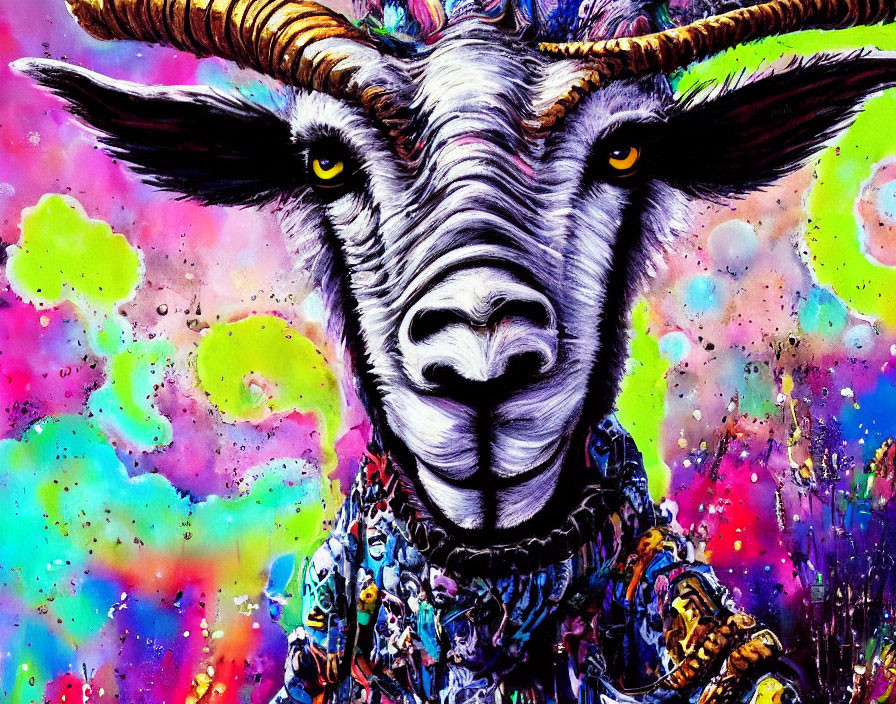 Colorful Goat Artwork with Splattered Background and Ornate Details