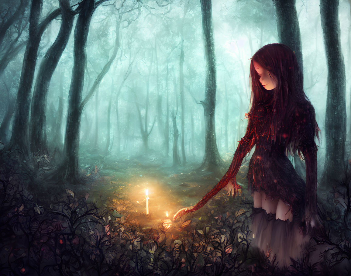 Girl in dark forest reaching for glowing candle amidst hazy light