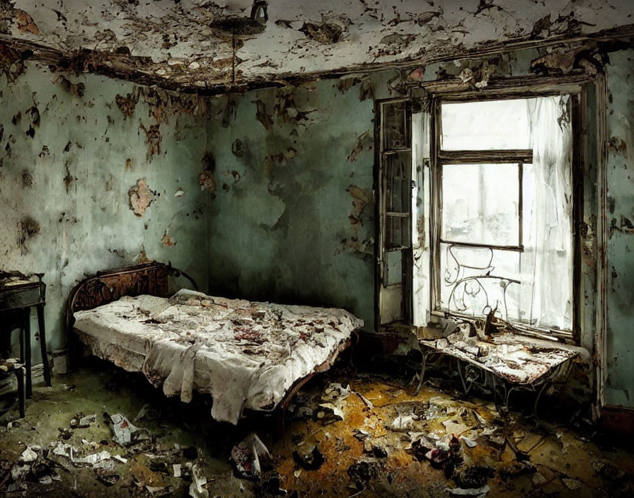 Decaying room with peeling turquoise walls and messy bed frame