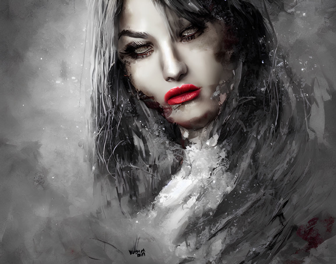 Monochromatic artwork featuring woman with red lips and intense eyes
