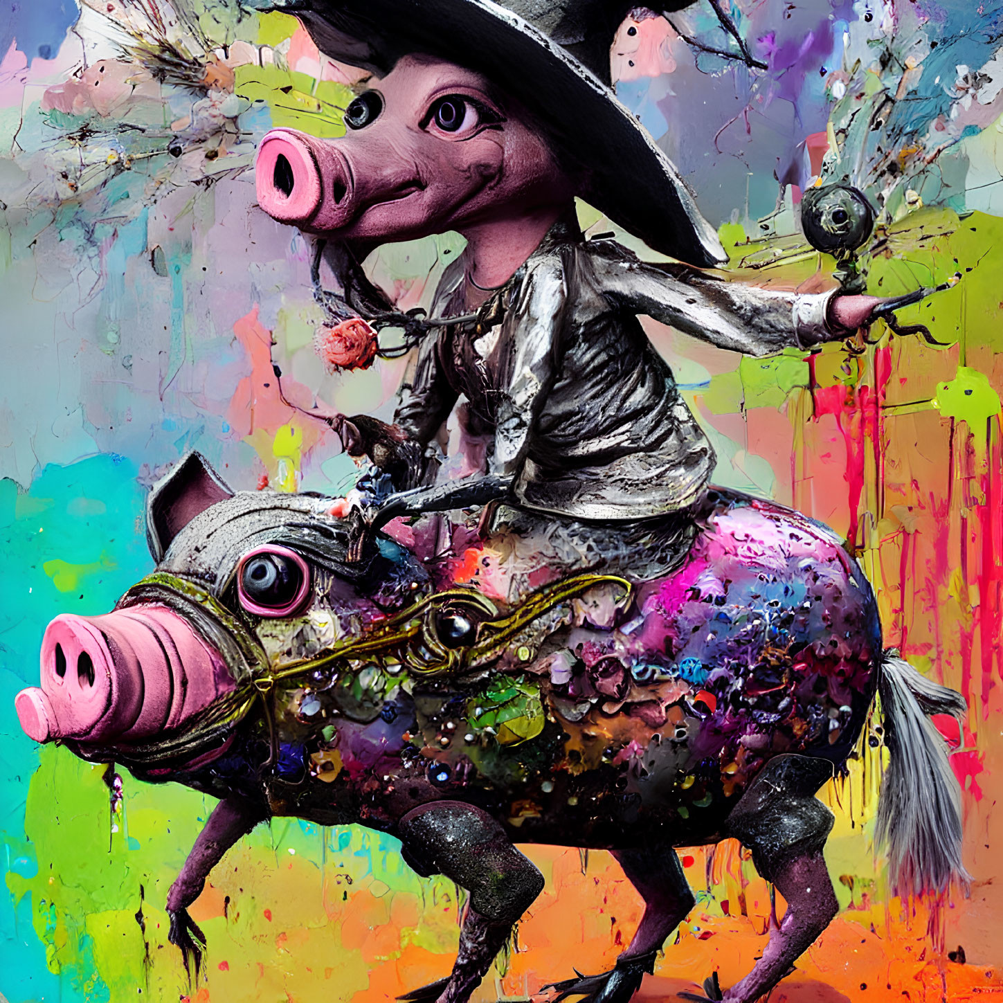 Colorful whimsical painting of anthropomorphic pig riding decorated pig