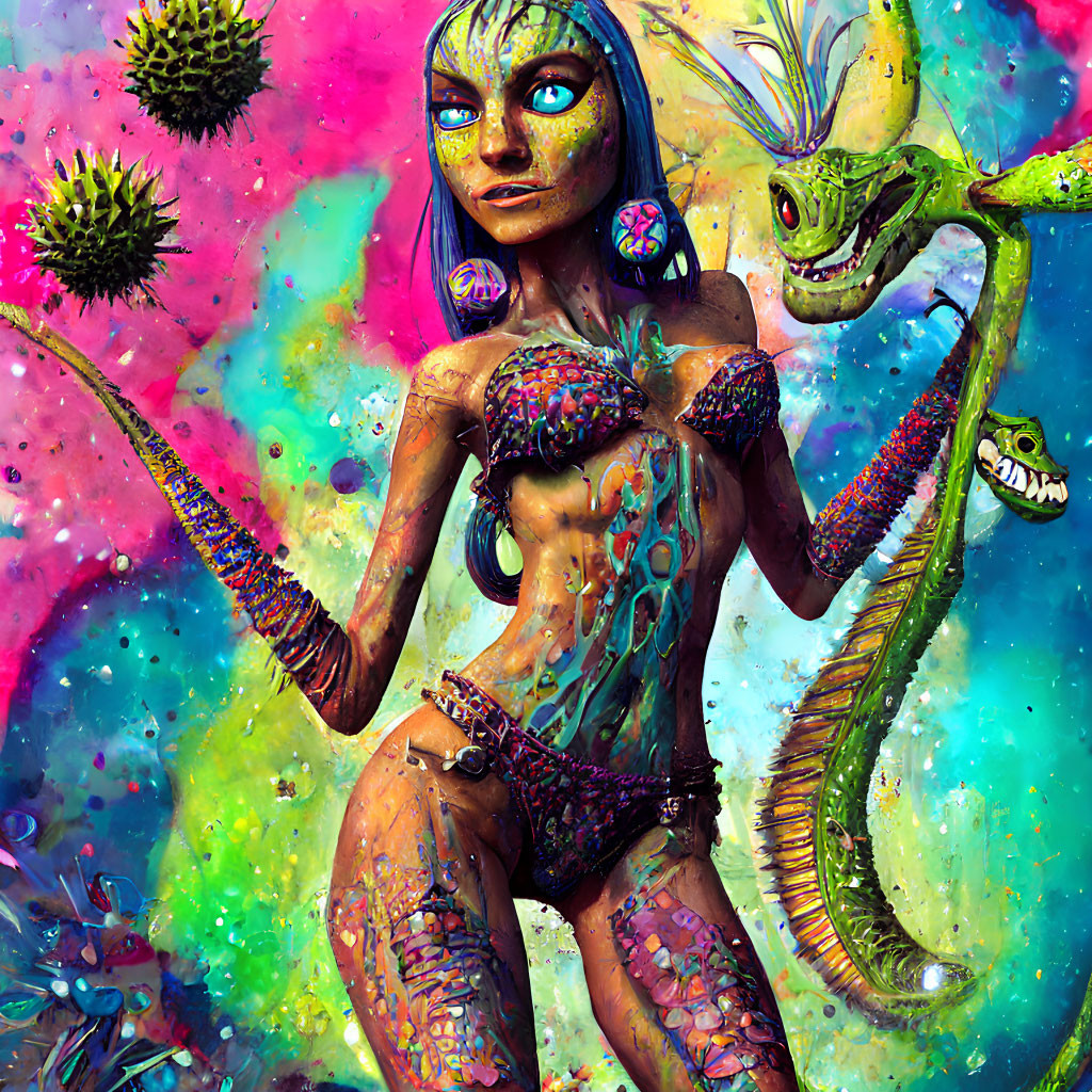 Colorful alien woman with lizard in psychedelic setting