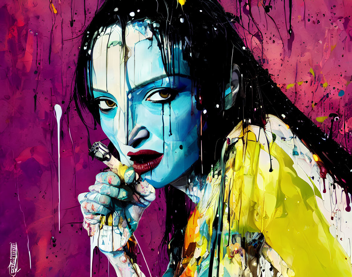 Colorful portrait of woman with blue facial paint and red lips on vibrant background