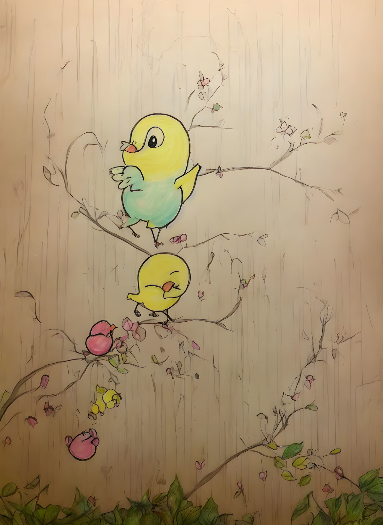 Cartoon Birds on Sketched Branches with Pink Flowers on Cream Background