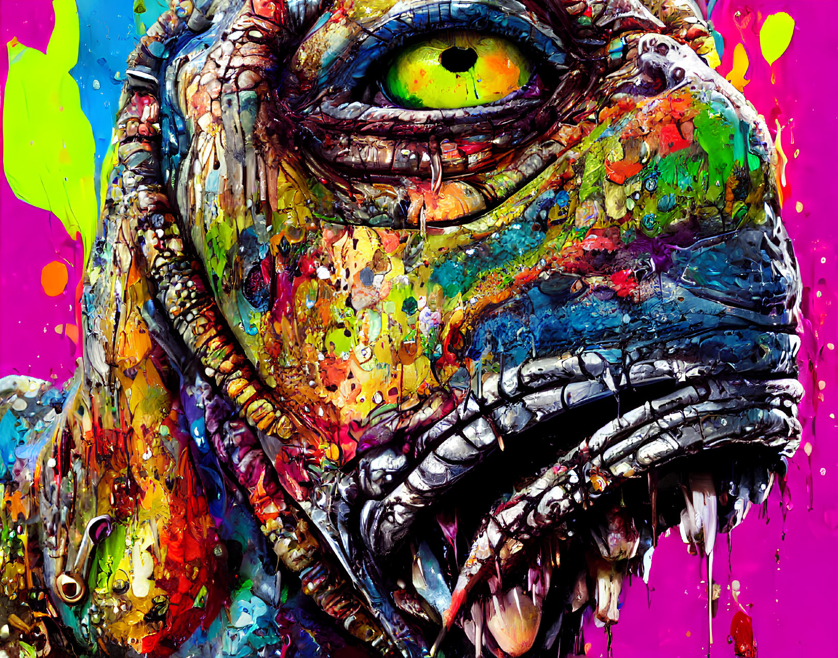 Detailed close-up of colorful creature's head with sharp teeth and eye on paint-splattered background