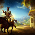 Medieval-themed artwork of a person on horseback in a village at night