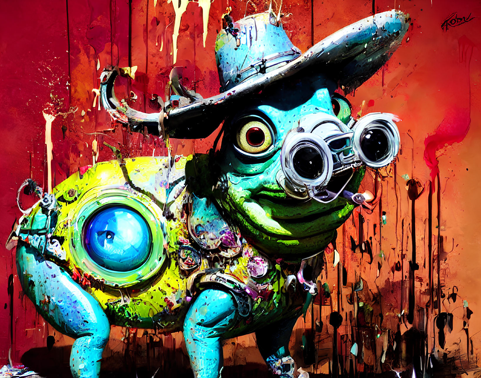 Colorful graffiti-style artwork: whimsical frog character with cowboy hat and goggles