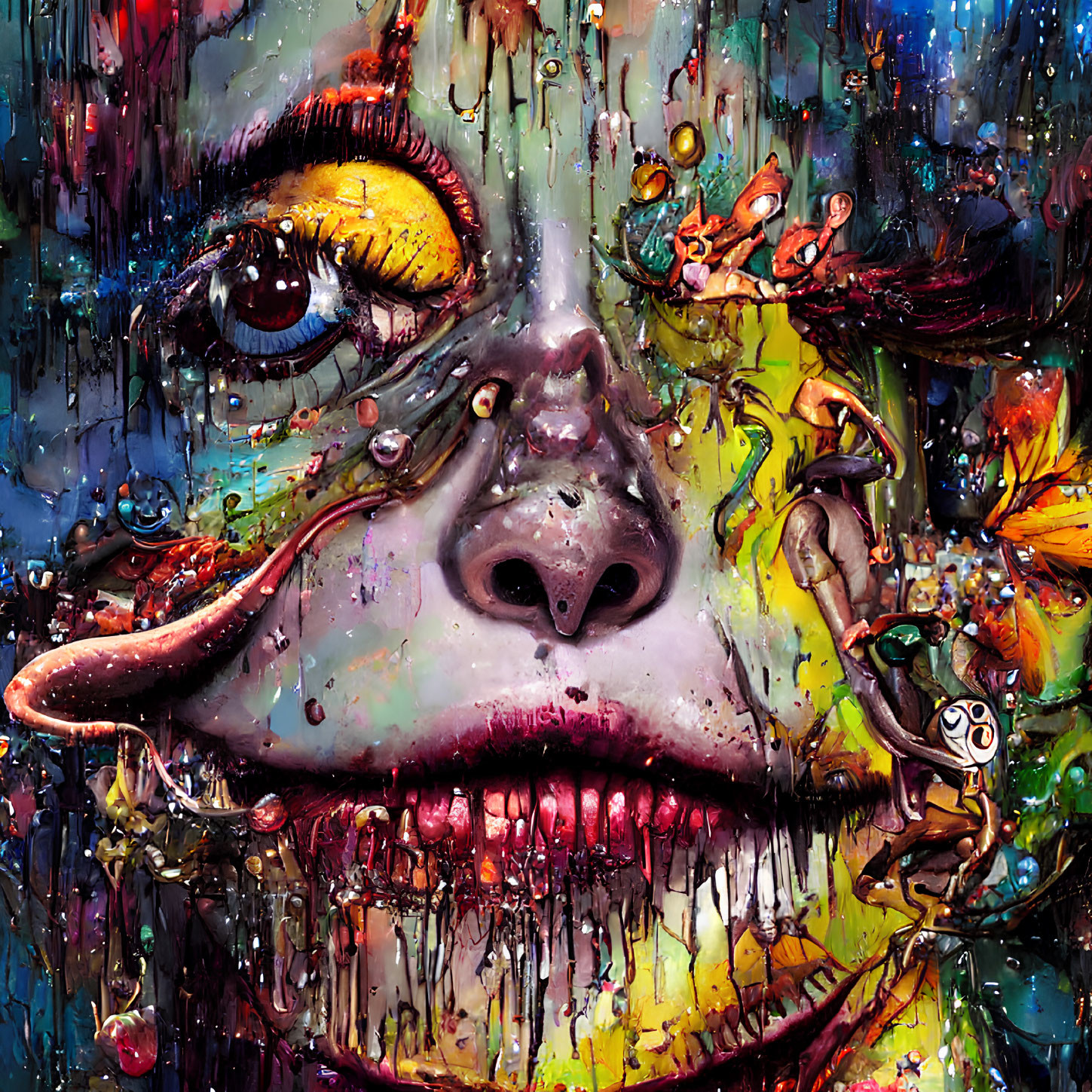 Colorful abstract painting of a face with expressive eyes and textured details