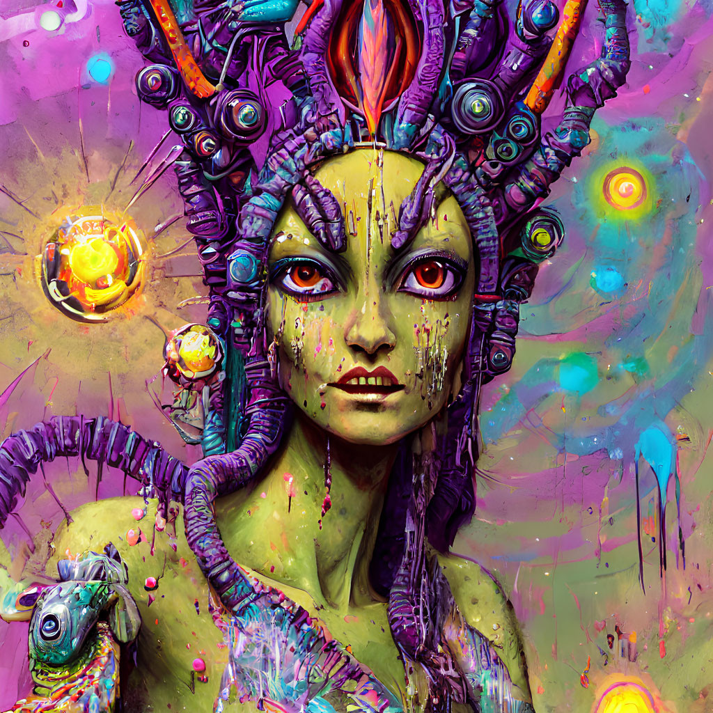 Vibrant surreal portrait of female figure with serpentine hair and mystical headdress