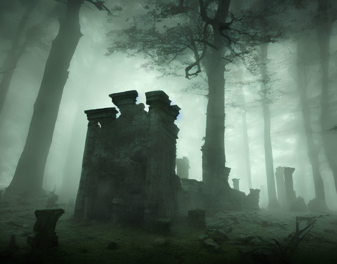 Ancient structure ruins in foggy forest with tall shadowy trees