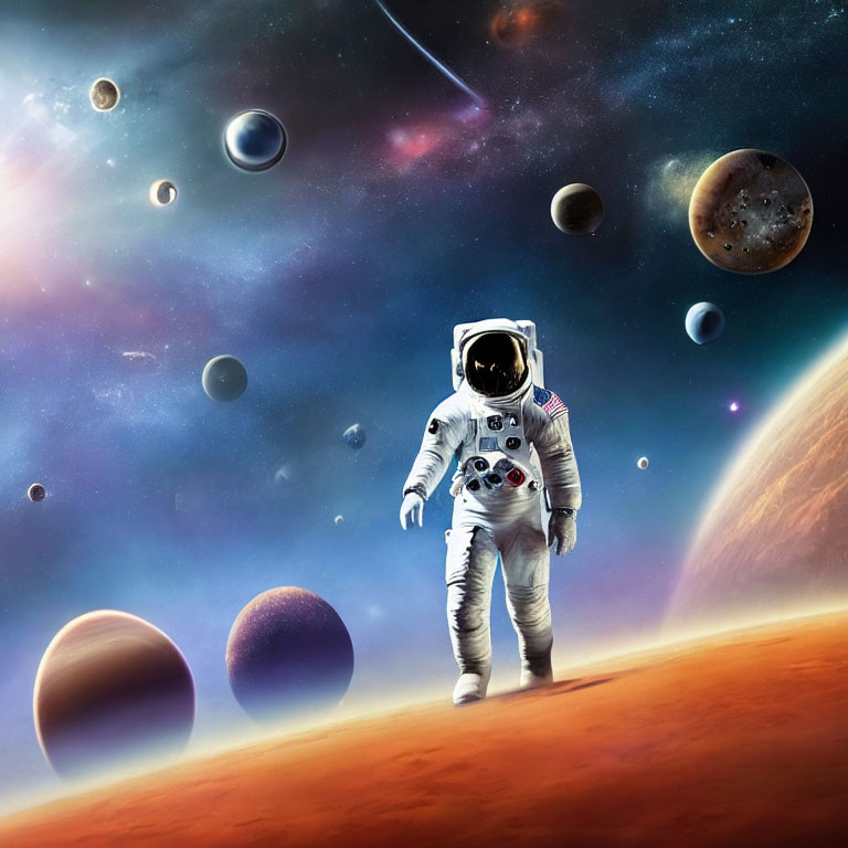 Astronaut walking on foreign surface with vivid cosmic backdrop