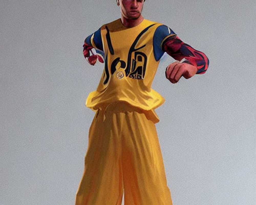 Colorfully dressed man in long-sleeve top and yellow pants poses or dances.