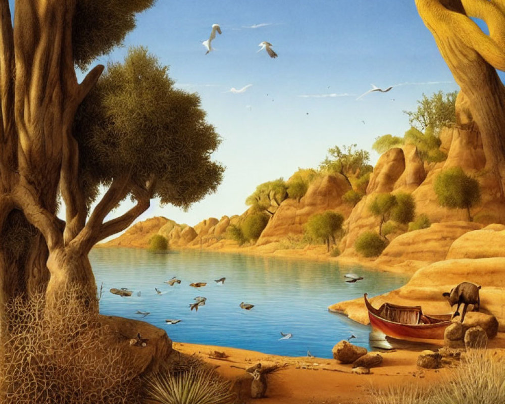 Tranquil river landscape with animals, boat, trees, and blue sky