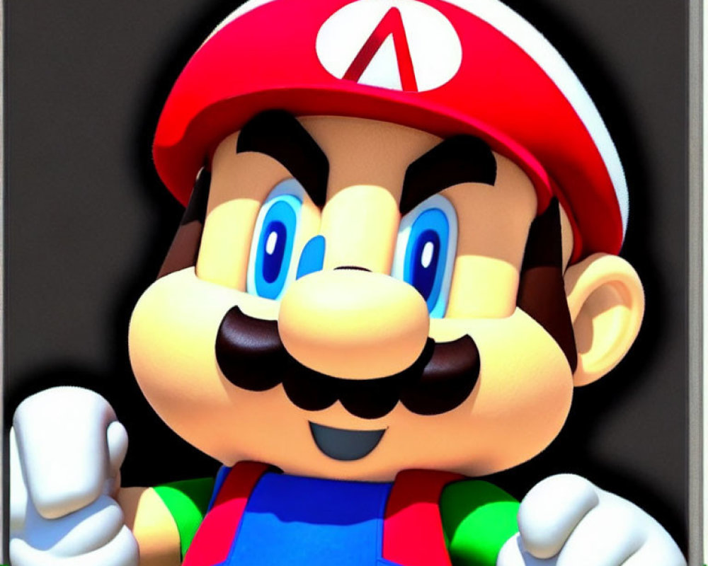 Mustachioed character in red cap and blue overalls on gray background
