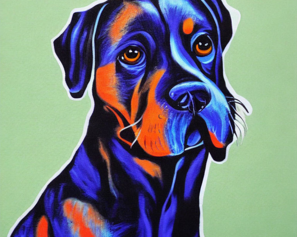 Vibrant painting of a dog in blue and orange hues on green backdrop