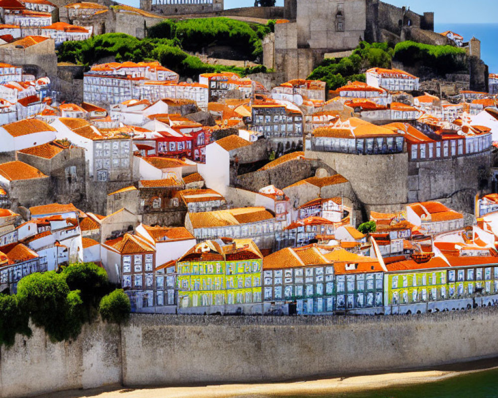 European Coastal Town with Terracotta Rooftops and Stone Fortification Wall