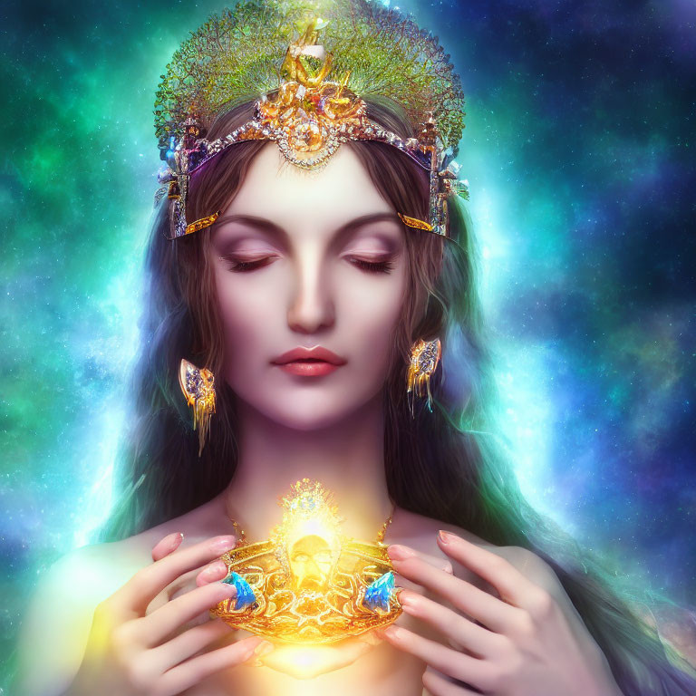Regal woman with jeweled crown holding glowing emblem in cosmic nebula.