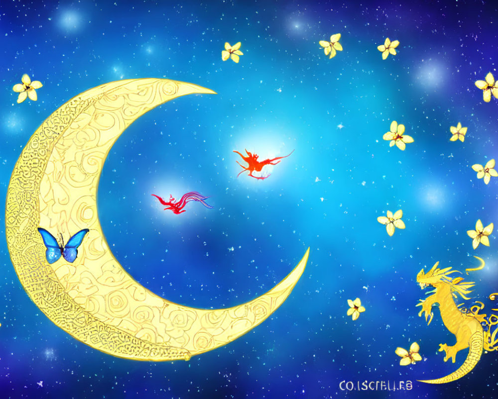 Whimsical artwork of crescent moon, dragon, and stars