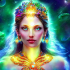 Regal woman with jeweled crown holding glowing emblem in cosmic nebula.