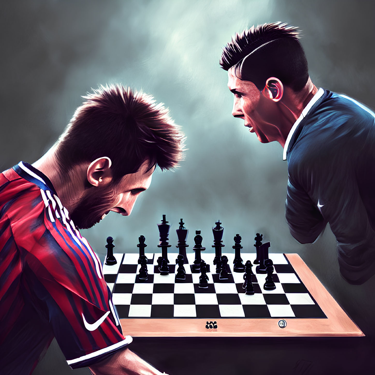 Stylized male figures in soccer player attire face off over a chessboard